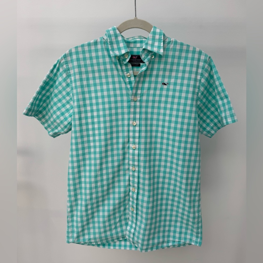 Vineyard Vines Mint Green Gingham Short-Sleeve Whale Shirt, Boys Size L